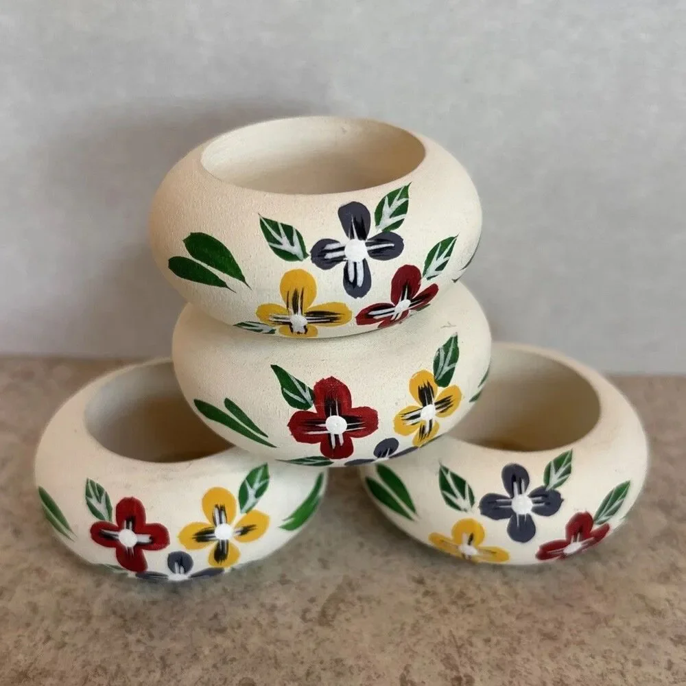 Handpainted Floral Folk Art Style Wooden Napkin Rings with Box White Set of 4